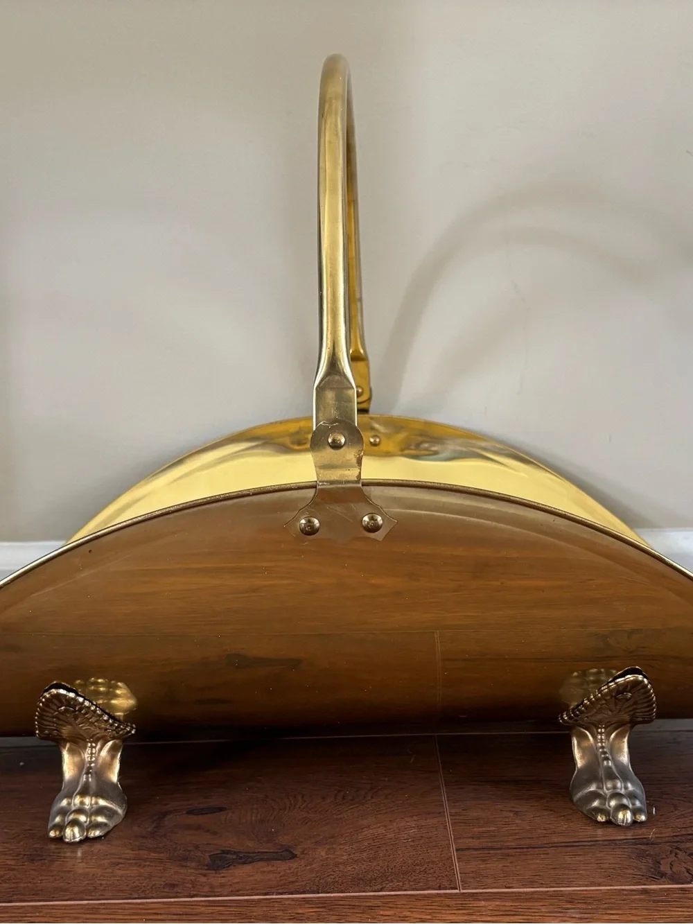 Brass Fireplace Log Holder with Claw Feet - Gold & Wood